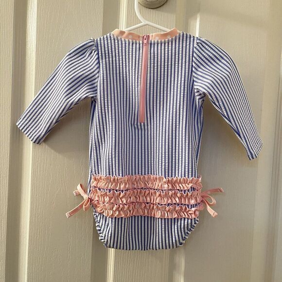 RuffleButts Seersucker One Piece Rash Guard Swimsuit Blue Pink Size 6-12 Months - Picture 10 of 15